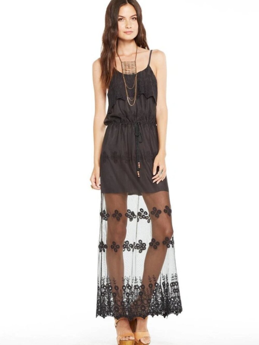 CHASER Black Vintage Lace Ruffle Front Boho Maxi Dress NWT Retail $158
